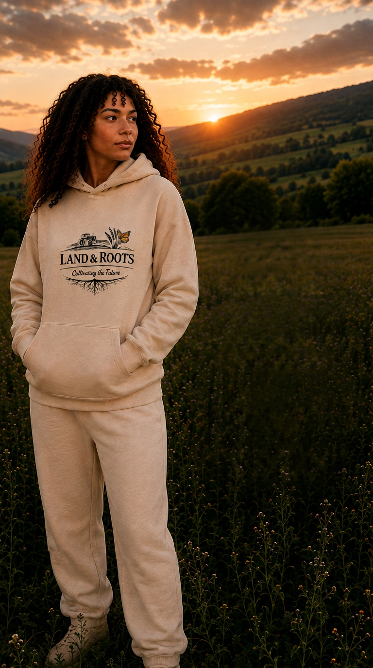 Woman wearing Land & Roots hoodie in a wildflower meadow at sunset
